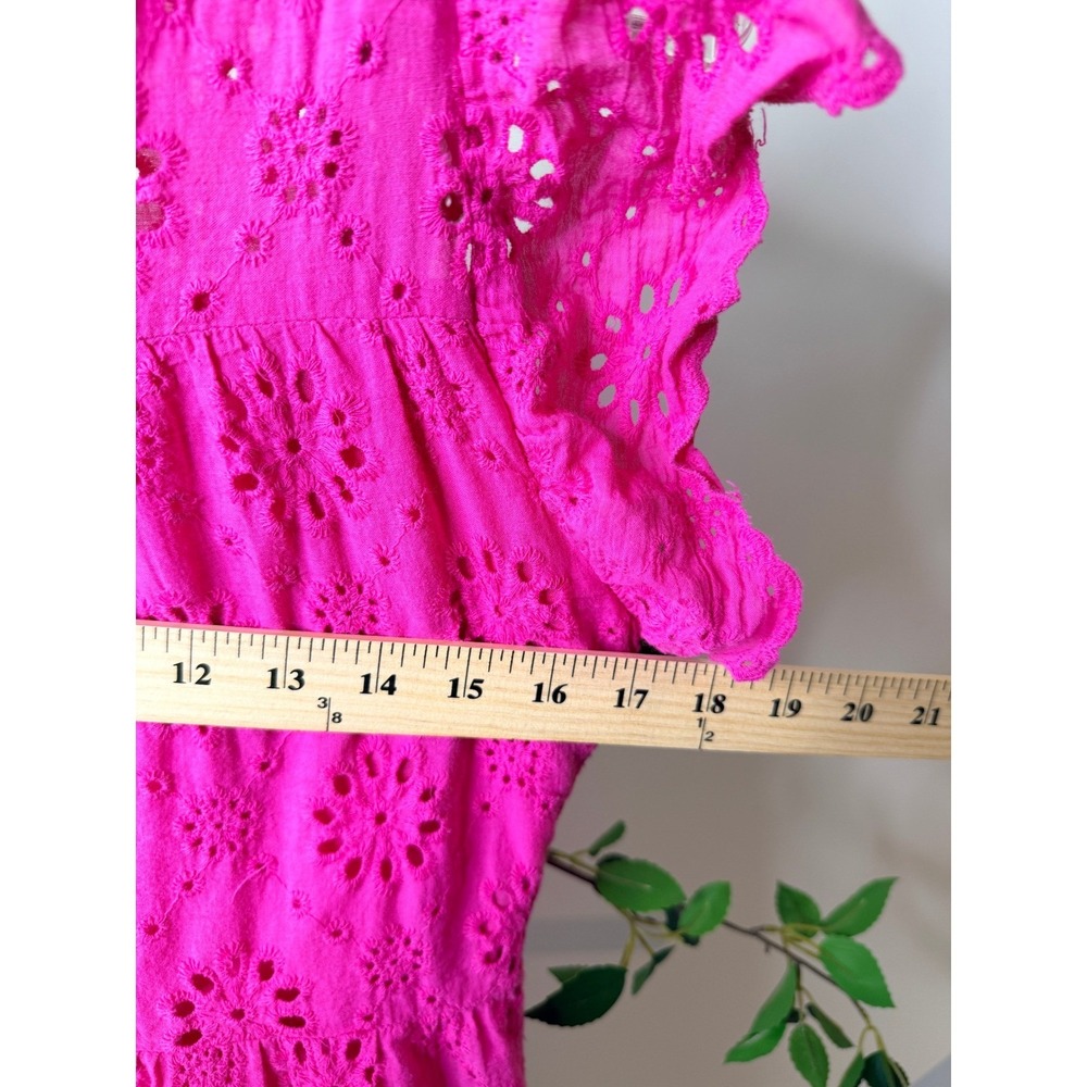 Ryan Michelle Hot Pink Eyelet Lace Mini Dress Cotton Ruffle Tiered Boho M - Picture 7 of 8